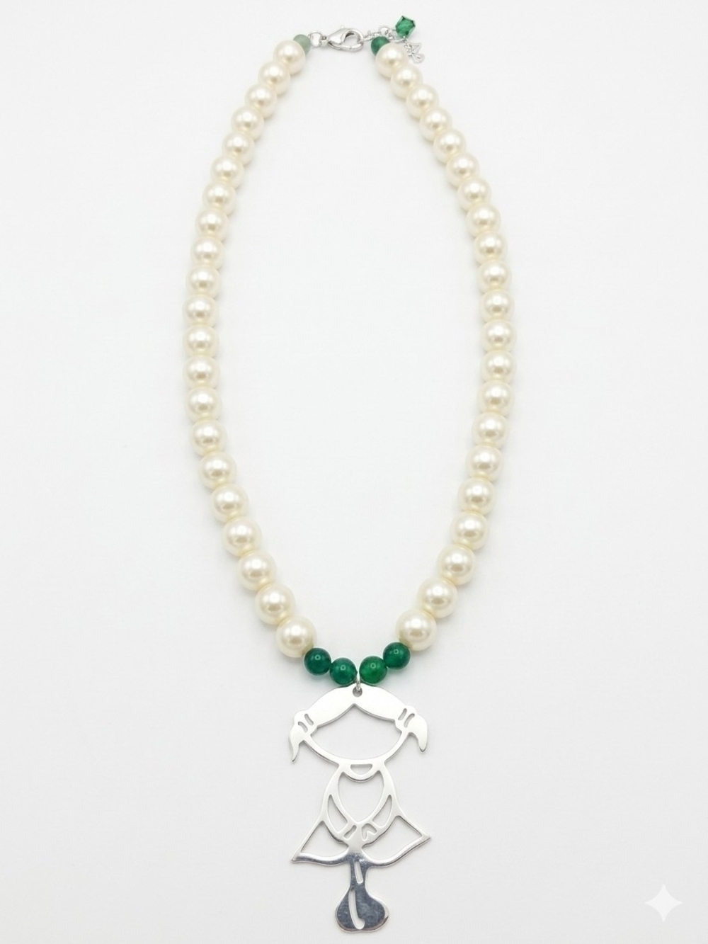 Pearl Necklace with Green Beads & Silver Girl Pendant - Women Jewelry